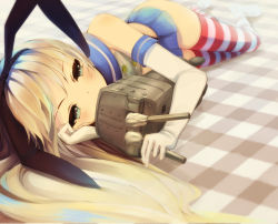 Rule 34 | 10s, 1girl, alternate eye color, aqua eyes, blonde hair, elbow gloves, gloves, hairband, highres, kantai collection, long hair, lying, on side, otogi kyouka, rensouhou-chan, revision, shimakaze (kancolle), skirt, striped clothes, striped thighhighs, thighhighs, white gloves