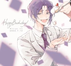 Rule 34 | 1boy, birthday, blue lock, blurry, cake, character name, collared shirt, commentary request, food, fork, formal, fruit, grey jacket, hand up, happy birthday, highres, holding, holding food, holding fork, jacket, long sleeves, looking at viewer, male focus, mikage reo, necktie, open mouth, out of frame, purple eyes, purple hair, purple necktie, shirt, short hair, smile, solo, strawberry, suit, suit jacket, upper body, white background, white shirt, yng z