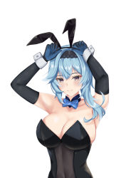 Rule 34 | 1girl, absurdres, animal ears, blue hair, blush, bow, bowtie, breasts, cleavage, covered navel, elbow gloves, eula (genshin impact), fake animal ears, genshin impact, gloves, hairband, highres, kitsun8, large breasts, looking at viewer, playboy bunny, rabbit ears, short hair, smile, solo, upper body, white background, wrist cuffs