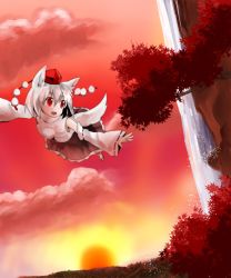 Rule 34 | 1girl, animal ears, bare shoulders, breasts, detached sleeves, flying, geta, happy, hat, highres, inubashiri momiji, jio (nayutarooo), looking away, open mouth, pom pom (clothes), red eyes, smile, solo, sun, tail, tokin hat, touhou, tree, water, waterfall, wolf ears, wolf tail