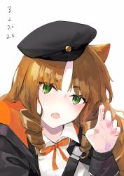 Rule 34 | 1girl, animal ears, arknights, beret, black hat, black jacket, brown hair, claw pose, completion time, drill hair, fang, fingernails, green eyes, hand up, hat, head tilt, highres, jacket, long hair, long sleeves, looking at viewer, neck ribbon, neko (ganecooo), open mouth, orange ribbon, ribbon, shirt, simple background, skin fang, solo, swire (arknights), white background, white shirt