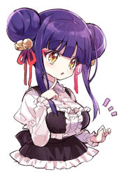 Rule 34 | 1girl, alternate costume, bell, blue hair, blush, breasts, double bun, enmaided, eyebrows hidden by hair, finger to face, hair bell, hair bun, hair ornament, jashin-chan dropkick, large breasts, looking at viewer, maid, official art, open mouth, ran-ran, simple background, solo, upper body, white background, yellow eyes, yukiwo