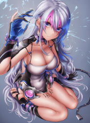 Rule 34 | 1girl, barefoot, blue eyes, breasts, choker, cleavage, closed mouth, collarbone, covered navel, electricity, expressionless, feet, from above, gloves, highres, hikari (komitiookami), large breasts, long hair, looking at viewer, looking up, multicolored hair, original, partially fingerless gloves, pink hair, silver hair, sitting, soles, solo, streaked hair, swept bangs, thighs, very long hair, wariza