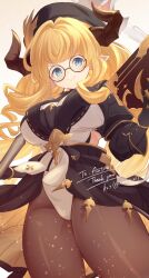 Rule 34 | 1girl, blonde hair, blue eyes, book, breasts, cosplay, draph, glasses, granblue fantasy, hat, highres, horns, large breasts, leotard, long hair, pantyhose, pochi-a, pointy ears, razia, raziel (granblue fantasy), raziel (granblue fantasy) (cosplay), thick thighs, thighs, very long hair