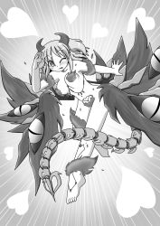 Rule 34 | 1girl, ;p, commentary request, greyscale, heart, heart-shaped pupils, highres, horns, monochrome, one eye closed, original, pink (rakurakutei ramen), rakurakutei ramen, solo, symbol-shaped pupils, tail, tongue, tongue out, wings