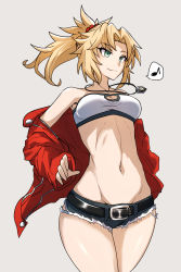 Rule 34 | 1girl, bandeau, blonde hair, braid, breasts, cleavage, cowboy shot, cutoffs, denim, denim shorts, fate/apocrypha, fate (series), french braid, gin moku, green eyes, grey background, hair ornament, hair scrunchie, highres, jacket, jacket on shoulders, jewelry, mordred (fate), mordred (fate/apocrypha), mordred (memories at trifas) (fate), musical note, navel, necklace, ponytail, red jacket, red scrunchie, scrunchie, shorts, small breasts, smile, solo, spoken musical note, strapless, thigh gap, thighs, tube top
