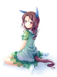 Rule 34 | 1girl, absurdres, animal ears, blush, bobby socks, bow, breasts, brown hair, character request, commentary request, dress, green bow, green dress, hair between eyes, highres, horse ears, horse girl, horse tail, long hair, looking at viewer, looking back, no shoes, parted lips, purple eyes, see-through, short sleeves, sitting, small breasts, socks, soles, solo, tail, umamusume, wariza, white background, white socks, yumibakama meme