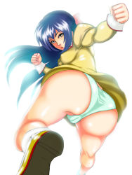 Rule 34 | 1girl, agent aika, aika (series), ass, blue hair, bow, breasts, brown eyes, cameltoe, crotch, delmo, dress, from below, golden delmo, hair bow, huge ass, kicking, long hair, looking at viewer, open mouth, panties, pantyshot, rie petoriyacowa, shiny clothes, shiny skin, simple background, solo, standing, suppe, underwear, upskirt, white background