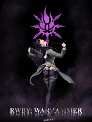 Rule 34 | 1girl, absurdres, animal ears, ass, black hair, black pants, blake belladonna, boots, breasts, cat ears, coat, crossover, dark background, darkbearlab, fog, games workshop, glyph, high heels, highres, licking, long hair, looking at viewer, looking back, open mouth, pants, rwby, shiny clothes, sideboob, skin tight, smile, solo, steam, thong, tongue, tongue out, warhammer, warhammer 40k, weapon, whale tail (clothing), whip, yellow eyes