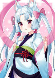 Rule 34 | 1girl, animal ear fluff, animal ears, blush, bow, commentary request, hagoromo, hair bow, hands up, highres, japanese clothes, kimono, long hair, long sleeves, looking at viewer, obi, parted bangs, parted lips, pink bow, red eyes, sash, see-through, shawl, silver hair, smile, solo, tenneko yuuri, touhoku itako, twintails, very long hair, voiceroid, white kimono, wide sleeves