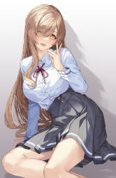 Rule 34 | 1girl, arm support, bare legs, breasts, brown hair, collared shirt, commentary request, eyes visible through hair, fatal twelve, gradient background, grey background, grey skirt, hand up, highres, large breasts, long hair, long sleeves, looking at viewer, mishima miharu, neck ribbon, open mouth, pleated skirt, red ribbon, ribbon, school uniform, shadow, shio kouji (shiokojii), shirt, shirt tucked in, sitting, skirt, solo, white background, white shirt, yellow eyes