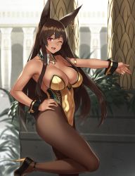 Rule 34 | 1girl, ;d, animal ears, anubis (houtengeki), armlet, ass, bare arms, bare shoulders, black footwear, black pantyhose, blunt bangs, breasts, brown hair, cleavage, collarbone, commentary, covered navel, cross, cross earrings, day, detached collar, earrings, fox ears, fox tail, hand on own hip, high heels, highres, houtengeki, jewelry, large breasts, leg up, leotard, long hair, looking at viewer, nontraditional playboy bunny, one eye closed, open mouth, original, outstretched arm, pantyhose, pillar, plant, playboy bunny, potted plant, red eyes, round teeth, shoes, sidelocks, skin tight, smile, solo, standing, standing on one leg, strapless, strapless leotard, sunlight, tail, tareme, teeth, very long hair, wrist cuffs, yellow leotard