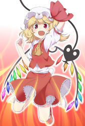 Rule 34 | 1girl, arm up, bad id, bad pixiv id, blonde hair, bloomers, bow, fang, flandre scarlet, gradient background, hat, hat bow, highres, laevatein, open mouth, raised eyebrow, red eyes, sash, shiori (aid19815), solo, touhou, underwear, wings