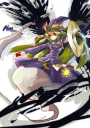Rule 34 | 1girl, blush, bow, capelet, card, clear echoes, female focus, ghost tail, green eyes, green hair, hair bow, hat, long hair, matching hair/eyes, mima (touhou), skirt, smile, solo, staff, touhou, touhou (pc-98), wings, wizard hat
