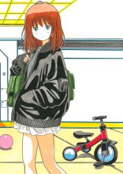 Rule 34 | 1980s (style), 1girl, absurdres, bag, ball, bare legs, black jacket, blue eyes, brown hair, closed mouth, expressionless, feet out of frame, green bag, hand in pocket, highres, indoors, jacket, long sleeves, looking at viewer, marker (medium), medium hair, oldschool, orange hair, original, retro artstyle, shirt, skirt, sleeves past wrists, solo, standing, take (orion transport), traditional media, tricycle, white skirt