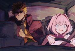 Rule 34 | 1boy, 1girl, absurdres, ahoge, blonde hair, blue hair, car, car interior, closed mouth, collar, crossover, crying, crying with eyes open, dio brando, driving, earrings, empty eyes, fang, hair intakes, hamachamu, hands up, headband, highres, idolmaster, idolmaster cinderella girls, interlocked fingers, jacket, jewelry, jojo no kimyou na bouken, motor vehicle, multicolored hair, open mouth, pill, pill ring, pink collar, pink eyes, pink hair, ring, seatbelt, shaded face, shirt, short hair, skin fang, stardust crusaders, t-shirt, tears, two-tone hair, yumemi riamu