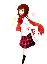 Rule 34 | 1girl, aqua flower, arm behind back, black skirt, black socks, bow, bowtie, brown eyes, brown hair, commentary, eyes visible through hair, feet out of frame, flower, flower (symbol), flying sweatdrops, fringe trim, from side, hair ornament, hair over one eye, hairclip, kagerou project, kneehighs, looking to the side, mekakucity actors, multicolored clothes, multicolored skirt, parted lips, pink flower, pink skirt, plaid, plaid skirt, pleated skirt, red bow, red bowtie, red scarf, scarf, school uniform, shirt, short sleeves, simple background, skirt, socks, solo, standing, tashaalternate, tateyama ayano, triangle print, white background, white shirt, yellow flower