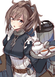 Rule 34 | 1girl, :o, akagi kurage, alternate costume, apron, azur lane, bad id, bad twitter id, breasts, brown hair, chain, cosplay, cup, enmaided, frilled apron, frills, hair between eyes, highres, historical name connection, holding, holding tray, kantai collection, long sleeves, maid, medium breasts, name connection, open mouth, ponytail, rigging, sheffield (azur lane), sheffield (azur lane) (cosplay), sheffield (kancolle), simple background, solo, sweat, teapot, tray, unfinished, white apron, white background