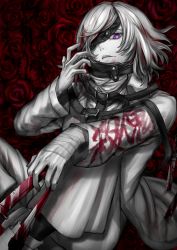 Rule 34 | 1boy, absurdres, akudama drive, arm wrap, blood, bloody weapon, cutthroat (akudama drive), eyepatch, highres, holding, holding knife, knife, long sleeves, male focus, nemuritaa, pale skin, parted lips, purple eyes, red background, sitting, solo, weapon, white hair