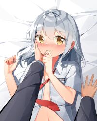 Rule 34 | 1boy, 1girl, azuna kagamari, bed, embarrassed, hand on another&#039;s head, highres, looking at viewer, open clothes, original, pov, white hair, yellow eyes