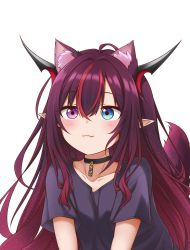 Rule 34 | 1girl, :3, absurdres, ahoge, animal ear fluff, animal ears, black collar, black shirt, blue eyes, collar, collarbone, commentary, fang, fang out, hair between eyes, heterochromia, highres, hololive, hololive english, horns, irys (hololive), jan azure, kemonomimi mode, long hair, multicolored hair, pointy ears, purple eyes, purple hair, red hair, shirt, short sleeves, simple background, smile, solo, streaked hair, tail, two-tone hair, virtual youtuber, white background