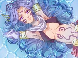 Rule 34 | 1girl, armpits, blue hair, breasts, circlet, cleavage, commentary, detached sleeves, eyelashes, facial tattoo, hair spread out, highres, large breasts, long hair, lying, mixed-language commentary, navel, on back, purple eyes, sleeves past wrists, solo, spoilers, stomach tattoo, tattoo, tia (ys), tialuna (ys), ys, ys seven, yuzukiyo