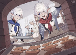 Rule 34 | 2boys, 2girls, :d, ahoge, alisaie leveilleur, alphinaud leveilleur, alternate costume, ameliance leveilleur, apron, artist name, baking, blue eyes, blue neckerchief, bowl, braid, braided ponytail, buttons, byuub, capelet, collared capelet, cookie, dated, day, earclip, earrings, elezen, elf, family, final fantasy, final fantasy xiv, fisheye, food, fourchenault leveilleur, gingerbread cookie, hair over one eye, holding, holding bowl, holding whisk, indoors, jewelry, long sleeves, medium hair, multiple boys, multiple girls, neckerchief, one eye covered, open mouth, oven, oven interior, oven mitts, pointy ears, red neckerchief, shelf, siblings, signature, single braid, single earring, smile, standing, swept bangs, tray, twins, whisk, white capelet, white hair