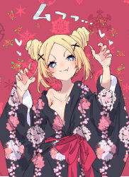 Rule 34 | 1girl, :3, armpit crease, black kimono, blonde hair, blue eyes, breasts, bright pupils, claw pose, closed mouth, collarbone, commentary request, cone hair bun, double bun, fang, hair bun, hair up, hamayumiba sou, hana n. fountainstand, hanayamata, hands up, highres, japanese clothes, kimono, long sleeves, looking at viewer, medium breasts, no bra, off shoulder, red background, skin fang, snowflake background, solo, translation request, upper body, v-shaped eyebrows, white pupils, yukata
