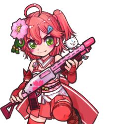 Rule 34 | 1girl, 35p (sakura miko), ahoge, aozane, bare shoulders, belt, blush, brooch, cat, cherry blossom print, cherry blossoms, cleavage cutout, clothing cutout, floral print, flower, green eyes, gun, hair flower, hair ornament, hairclip, holding, holding gun, holding weapon, hololive, jewelry, miniskirt, nontraditional miko, one side up, pink hair, pink thighhighs, sakura miko, sakura miko (old design), shotgun, skirt, thighhighs, transparent background, virtual youtuber, weapon, zettai ryouiki
