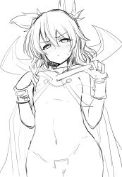 Rule 34 | 1girl, blush, cape, cowboy shot, efukei, flat chest, greyscale, groin, hair between eyes, highres, looking at viewer, monochrome, navel, pointy hair, simple background, sketch, solo, standing, sweatdrop, touhou, toyosatomimi no miko, v-shaped eyebrows, white background