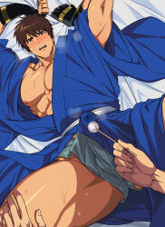 Rule 34 | 1boy, abs, bara, bare pectorals, bed sheet, blue kimono, blue male underwear, blush, boxers, brown eyes, brown hair, bulge, erection, erection under clothes, fingerless gloves, flustered, gloves, hand on another&#039;s thigh, japanese clothes, kimono, looking at viewer, lying, male focus, male underwear, mimikaki, muscular, muscular male, nipple slip, nipples, on back, open clothes, open kimono, open mouth, pectorals, pov, pov hands, short hair, solo, steaming body, sweat, the king of fighters, thick thighs, thighs, tingenamo, underwear, very sweaty, yabuki shingo, yukata