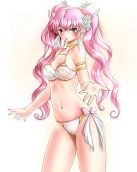 Rule 34 | 1girl, alternate color, armband, bad id, bad pixiv id, bikini, body blush, breasts, cleavage, collarbone, creatures (company), earrings, feathers, fingernails, game freak, gen 5 pokemon, highres, hip focus, jewelry, large breasts, legendary pokemon, legs, lips, long fingernails, long hair, miharin, navel, nintendo, personification, pink hair, pointy ears, pokemon, red eyes, reshiram, smile, solo, strap gap, swimsuit, translation request, twintails, white bikini