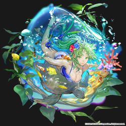 Rule 34 | 1girl, air bubble, animal, arin (hero cantare), bikini, bikini top only, bracelet, breasts, bubble, closed mouth, earrings, fish, flower, green eyes, hair flower, hair ornament, hero cantare, highres, jewelry, leenim, light green hair, long hair, looking at viewer, medium breasts, ocean, official art, solo, submerged, swimming, swimsuit, turtle, underwater, water