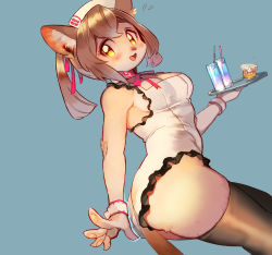 Rule 34 | 1girl, animal ears, bad id, bad pixiv id, body fur, breasts, brown hair, cat ears, cleavage, cup, drink, fang, frills, furry, furry female, holding, hotomura (muramura69), image sample, md5 mismatch, open mouth, original, pixiv sample, simple background, sleeveless, solo, tail, thighhighs, tray, twisted torso, wrist cuffs, yellow eyes