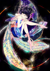 Rule 34 | 1girl, black hair, blue dress, closed eyes, closed mouth, dress, fairy wings, floating, floating hair, full body, hand on hand, head on hand, highres, legs, medium hair, multicolored wings, multiple wings, pink footwear, see-through, shoes, signature, sleeping, solo, umishima senbon, wings