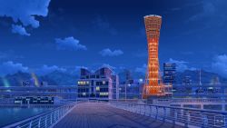 Rule 34 | absurdres, artist name, building, city, cityscape, cloud, commentary request, eru (erutwd), forest, harbor, highres, kobe, kobe port tower, light, mountain, nature, night, night sky, no humans, ocean, original, railing, scenery, sky, tower