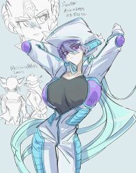 Rule 34 | 1boy, 1girl, arms behind back, arms up, black shirt, blue hair, breasts, collarbone, fudo yusei, helmet, highres, holding own arm, jumpsuit, large breasts, long hair, partially unzipped, purple eyes, r42r98r, shirt, sketch, spiked hair, stardust dragon, yu-gi-oh!, yu-gi-oh! 5d&#039;s, yu-gi-oh! cross duel