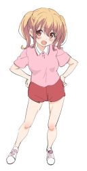 Rule 34 | 1girl, :d, blonde hair, blush, contrapposto, copyright request, full body, highres, looking at viewer, open mouth, pink shirt, red eyes, red shorts, shirt, shoes, short sleeves, shorts, simple background, sincos, smile, solo, twintails, white background, white footwear
