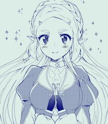Rule 34 | 1girl, blush, braid, commentary, crown braid, dithering, fingerless gloves, gloves, hair ornament, hairclip, highres, long hair, looking at viewer, monochrome, nintendo, o ga, own hands together, pointy ears, princess zelda, puffy sleeves, smile, solo, sparkle, symbol-only commentary, the legend of zelda, the legend of zelda: breath of the wild