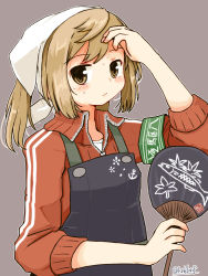 Rule 34 | 1girl, alternate costume, anchor symbol, apron, black apron, brown background, brown eyes, closed mouth, expressionless, hand fan, hand on forehead, head scarf, jacket, kanoe soushi, kantai collection, light brown hair, long sleeves, michishio (kancolle), paper fan, red jacket, short twintails, simple background, solo, sweat, sweatdrop, track jacket, twintails, uchiwa, yellow eyes