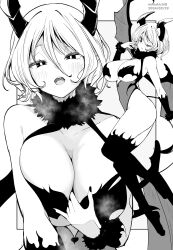 Rule 34 | 1girl, artist name, bare shoulders, breasts, collarbone, commentary request, dated, demon girl, demon wings, full body, fur-trimmed collar, fur trim, gloves, grey background, hair between eyes, highres, horns, kichihachi, large breasts, looking at viewer, monochrome, multiple views, one eye closed, original, short hair, thighhighs, thighs, two-tone background, white background, wings