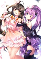 Rule 34 | 2girls, :d, ;), ahoge, aisha landar, ara haan, bare shoulders, black bow, black dress, black hair, black sleeves, blush, bow, breasts, brown dress, brown eyes, brown sleeves, closed mouth, commentary request, detached sleeves, dress, elsword, gloves, hair ribbon, hand up, heart, highres, long hair, long sleeves, medium breasts, multiple girls, one eye closed, one side up, open mouth, pink gloves, pink ribbon, pleated dress, ponytail, puffy short sleeves, puffy sleeves, purple eyes, purple hair, purple legwear, ribbon, shirt, short sleeves, smile, standing, standing on one leg, teeth, thighhighs, upper teeth only, v, very long hair, white shirt, xes (xes 5377)
