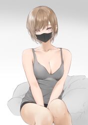 Rule 34 | 1girl, a9 (repainter), absurdres, between legs, black mask, black shorts, breasts, bright pupils, brown hair, cleavage, collarbone, commentary, earclip, grey tank top, hand between legs, highres, looking at viewer, mask, medium breasts, mouth mask, original, red eyes, short hair, shorts, sidelocks, solo, tank top