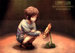 Rule 34 | ^ ^, androgynous, artist name, black legwear, black shorts, brown footwear, brown hair, closed eyes, closed mouth, creature, dust, closed eyes, flower, flowey (undertale), frisk (undertale), full body, gender request, holding, leaf, light rays, plant, qin-ying, shoes, short hair, shorts, sleeves past wrists, smile, sneakers, socks, spotlight, squatting, stick, sweater, undertale, watermark, web address, | |