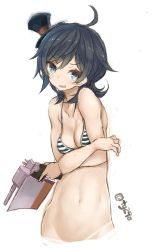 Rule 34 | ahoge, bikini, bikini top only, black hair, blue eyes, bottomless, breasts, cleavage, convenient censoring, covering breasts, covering privates, crossed arms, embarrassed, goekawa, gun, hair between eyes, hat, kantai collection, matsukaze (kancolle), mini hat, navel, out-of-frame censoring, short hair, simple background, small breasts, solo, striped bikini, striped clothes, swimsuit, weapon