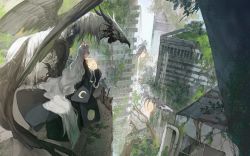 Rule 34 | 1girl, absurdly long hair, animal ear fluff, animal ears, animal skull, black kimono, building, crescent print, fantasy, grey hair, griffin, highres, holding, japanese clothes, kimono, kurikabacha, long hair, long sleeves, moon, orb, original, outdoors, overgrown, plant, ruins, sitting, skyscraper, sleeves past fingers, sleeves past wrists, solo, tree, very long hair, vines, wide sleeves, yellow eyes