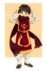 Rule 34 | 16 ban, 1boy, 1girl, :d, black hair, blush, child, dotted line, full body, hands on own head, hands up, hunter x hunter, long sleeves, male focus, open mouth, pairo, pants, red scarf, red tunic, scarf, shirt, shoes, short hair, smile, solo, white pants, white shirt