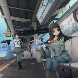 Rule 34 | 1boy, 4girls, apple, black eyes, black hair, clothes lift, day, dutch angle, flower, food, fruit, hat, highres, long hair, multiple girls, original, railroad tracks, rubber duck, short hair, skirt, skirt lift, suitcase, surreal, tactile paving, train, train station, underwater, when you see it, yajirushi (chanoma)