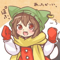 Rule 34 | 1girl, adapted costume, alternate headwear, brown eyes, brown hair, chen, ear piercing, earrings, fang, hat, hat with ears, ibaraki natou, jewelry, looking at viewer, mittens, open mouth, piercing, red eyes, red mittens, scarf, shirt, single earring, smile, solo, touhou, upper body