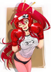Rule 34 | 00s, 1girl, :d, bandages, bandaid, bandaid on face, bandaid on nose, boxing gloves, boxing headgear, boyaking, breasts, covered erect nipples, gym uniform, large breasts, long hair, midriff, name tag, one eye closed, open mouth, ponytail, red hair, smile, solo, tengen toppa gurren lagann, very long hair, wink, yellow eyes, yoko littner